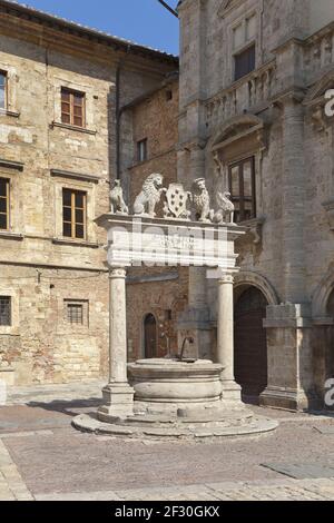 Old town impressions in Tuscany, old town fountain in Montepulciano, Italy. Stock Photo