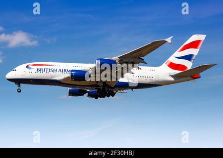 London, United Kingdom - August 1, 2018: British Airways Airbus A380 airplane at London Heathrow airport (LHR) in the United Kingdom.