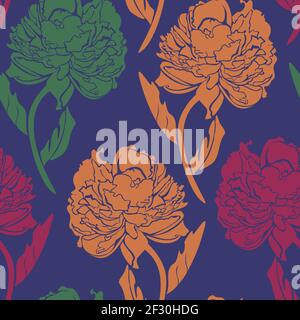 Vector seamless pattern with peonies on blue background. Design with vivid flowers. Stock Vector