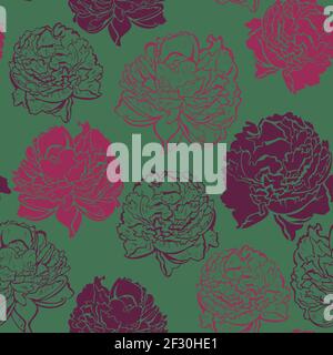 Vector seamless pattern with pink peonies on green background. Silhouettes of vivid flowers. Stock Vector