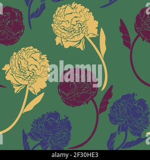 Vector seamless pattern with colorful peonies on green background. Silhouettes of vivid flowers. Stock Vector
