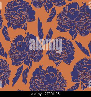 Vector seamless pattern with blue peonies on orange background. Contrast pattern. Stock Vector