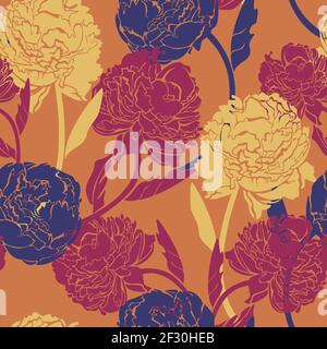 Vector seamless pattern with peonies on orange background. Exuberant blossom design. Stock Vector