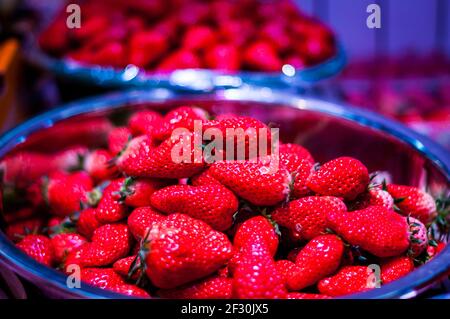 Strawberries for sale in the wet market on Taikang Road, Huangpu District, Shanghai, China, Asia. Stock Photo