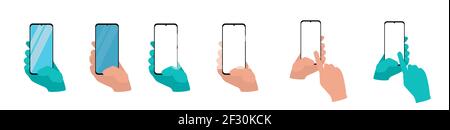 set of Hand holding smart phone isolated on white background. Set application template illustration of a smartphone. Human using mobile phone, vector Stock Vector