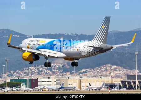 Barcelona, Spain - June 9, 2018: Vueling Airbus A320 airplane in the Disneyland Paris special livery at Barcelona airport (BCN) in Spain. Stock Photo