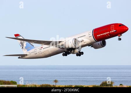 Barcelona, Spain - June 9, 2018: Norwegian Boeing 787 Dreamliner airplane at Barcelona airport (BCN) in Spain. Boeing is an American aircraft manufact Stock Photo