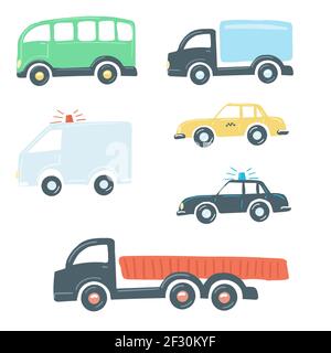 set of trucks flat simple cartoon style hand drawing. vector illustration Stock Vector