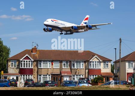 London, United Kingdom - August 1, 2018: British Airways Airbus A380 airplane at London Heathrow airport (LHR) in the United Kingdom. Stock Photo