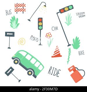 big set of urban elements flat simple cartoon style hand drawing. cars, roads, traffic lights. vector illustration Stock Vector
