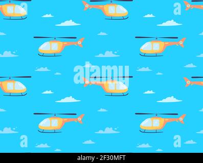 Vector print with a helicopter that flies through the clouds. Air transport with a propeller in the sky. Yellow helicopter, childrens pattern for textiles..Cartoon style isolated Stock Vector