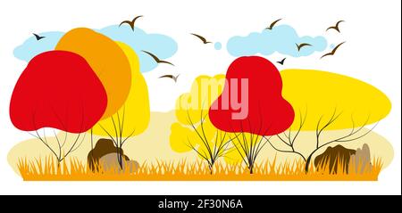 Autumn landscape wonderland forest with grass land, Mid autumn natural in orange foliage, Fall season with beautiful panoramic view with flying birds Stock Vector