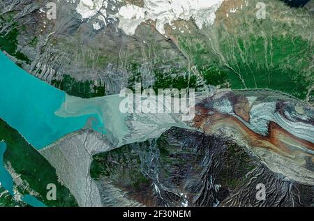 Satellite view of a glacier, Alaska. Usa. Ice melting. Climate change. Wild nature. Element of this image is furnished by Nasa Stock Photo
