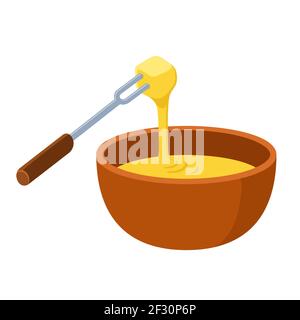 Cheese fondue, traditional Swiss hot pot, dipping food in melted cheese. Cartoon vector clip art illustration. Stock Vector