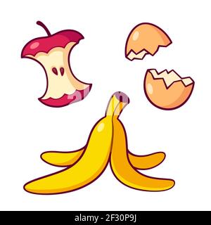 Organic waste, garbage for compost. Apple core, banana peel ans egg shells. Isolated vector clip art illustration. Simple cute cartoon style. Stock Vector