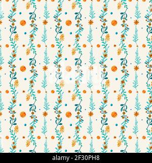 Blue leaves with berries seamless pattern background. Stock Photo