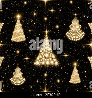Golden Christmas Trees Seamless Pattern for fabric texture or wrapping paper. Stock Photo
