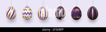 Composition of Easter eggs. Festive background On a light background, white golden Easter eggs with geometric patterns. Template for posters and Stock Vector