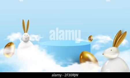 Happy easter. Design Rabbit with eggs. Festive spring 3d composition. Realistic stage, catwalk, festive studio. Minimal background. Modern creative Stock Vector