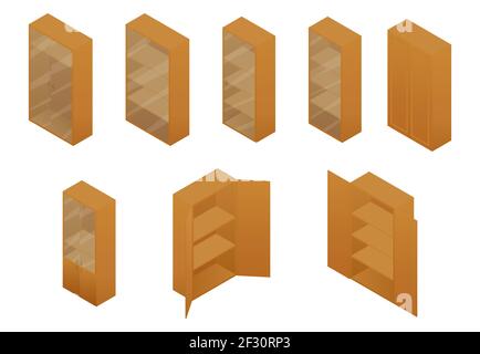 Cupboard isometric set of different brown rustic furniture. Vector illustration cabinet, vitrine or rack isolated on white. Stock Vector