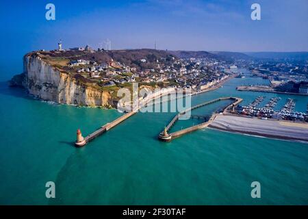 France, Seine-Maritime (76), Fécamp, the cliffs of Cap Fagnet and the city (aerial view)