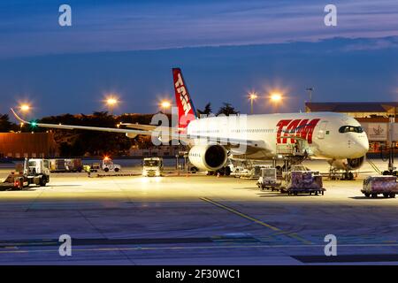 Paris, France - August 16, 2018: TAM Airbus A350 airplane at Paris Charles de Gaulle airport in France. Stock Photo