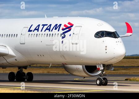 Paris, France - August 17, 2018: LATAM Airbus A350 airplane at Paris Charles de Gaulle airport in France. Stock Photo