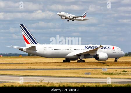 Paris, France - August 17, 2018: Air France Boeing and Airbus airplanes at Paris Charles de Gaulle airport in France. Stock Photo