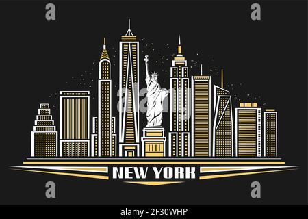 Vector illustration of New York City, poster with symbol of NYC - Statue of Liberty and outline modern city scape, urban contemporary concept with dec Stock Vector