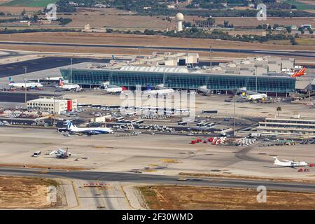 Palma de Mallorca, Spain - July 21, 2018: Aerial photo of Palma de Mallorca airport in Spain. Stock Photo