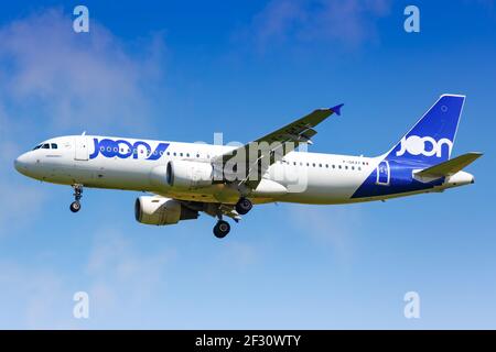 Paris, France - August 17, 2018: Joon Airbus A320 airplane at Paris Charles de Gaulle airport in France. Stock Photo