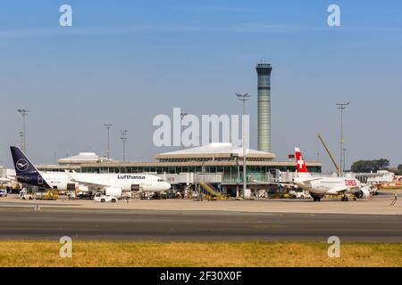 Paris, France - August 16, 2018: Lufthansa and Swiss airplanes at Paris Charles de Gaulle airport in France. Stock Photo