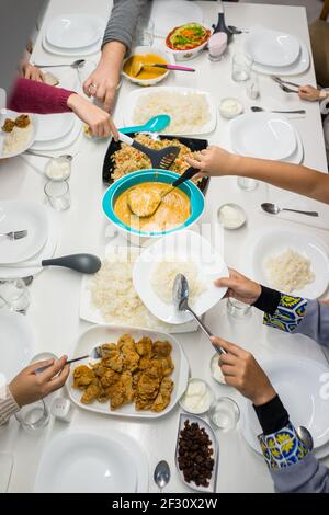 Top view of friends having lunch Stock Photo
