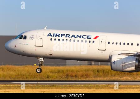 Paris, France - August 15, 2018: Air France Airbus A321 airplane landing at Paris Orly airport in France. Airbus is a European aircraft manufacturer b Stock Photo