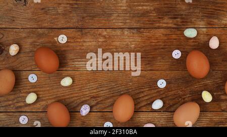 Eggs on a wooden rustic background with copy space for text. Stock Photo