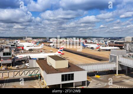 London, United Kingdom - July 31, 2018: Airplanes at London Gatwick Airport (LGW) in the United Kingdom.
