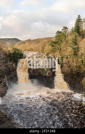 Winter view of High Force waterfall after heavy rain, river Tees, Co. Durham, England, UK Stock Photo