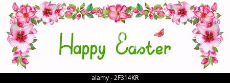 Happy Easter lettering text and flowers isolated on white background. Stock Photo