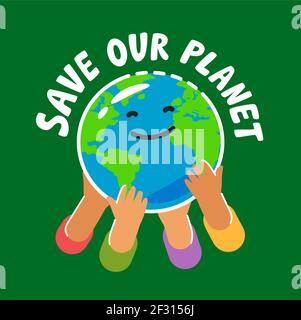 People holding globe. Hands with earth. Ecology concept poster vector illustration Stock Vector