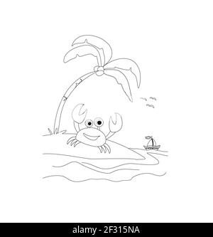 cheerful crab on the beach - coloring book Stock Vector