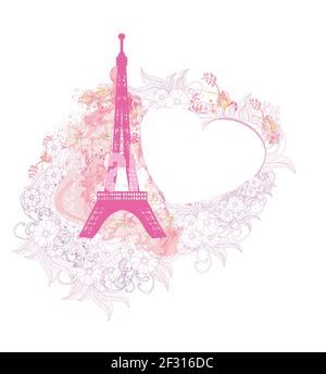 Eiffel tower artistic card, decorative floral frame Stock Vector