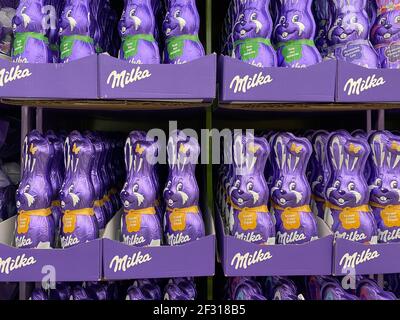Viersen, Germany - March 1. 2021: Closeup of group many milka purple chocolate easter bunnies in shelf of german supermarket Stock Photo