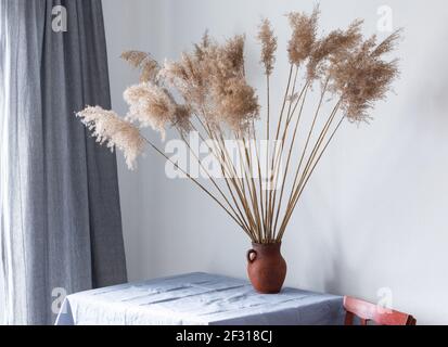 Dry Cane Reeds in a clay jug on a table with a blue tablecloth near the window, home interior Stock Photo