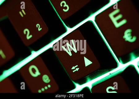 Makro closeup of green illuminated computer keyboard keys with letters, numbers and special charactets (focus on key with letter W) Stock Photo