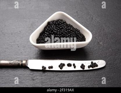 Black grainy caviar of paddlefish fish in a white ceramic bowl, black background Stock Photo