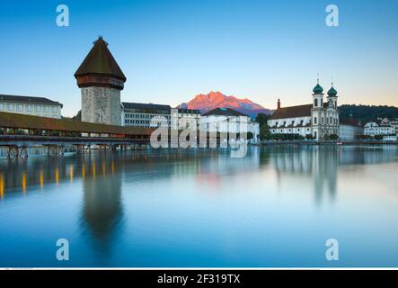 geography / travel, Switzerland, Kapellbruecke with Pilatus, Lucerne, Additional-Rights-Clearance-Info-Not-Available Stock Photo