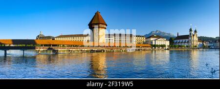 geography / travel, Switzerland, Kapellbruecke with Pilatus, Lucerne, Additional-Rights-Clearance-Info-Not-Available Stock Photo