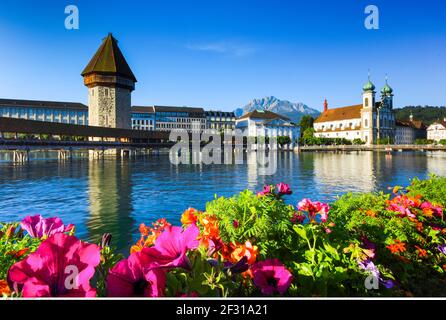 geography / travel, Switzerland, Kapellbruecke with Pilatus, Lucerne, Additional-Rights-Clearance-Info-Not-Available Stock Photo