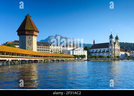 geography / travel, Switzerland, Kapellbruecke with Pilatus, Lucerne, Additional-Rights-Clearance-Info-Not-Available Stock Photo