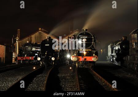Left to right outside the shed are '1466', 'King Edward II', 'Sir Nigel Gresley', 'Tornado' and 'Burton Agnes Hall'